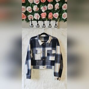 SHEIN Blue and White Checkered Utility Jacket